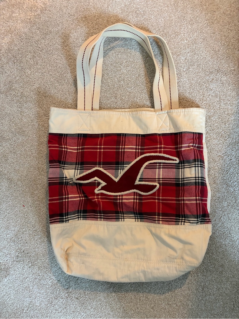 Hollister Cream & Red Plaid Tote with Seagull Applique